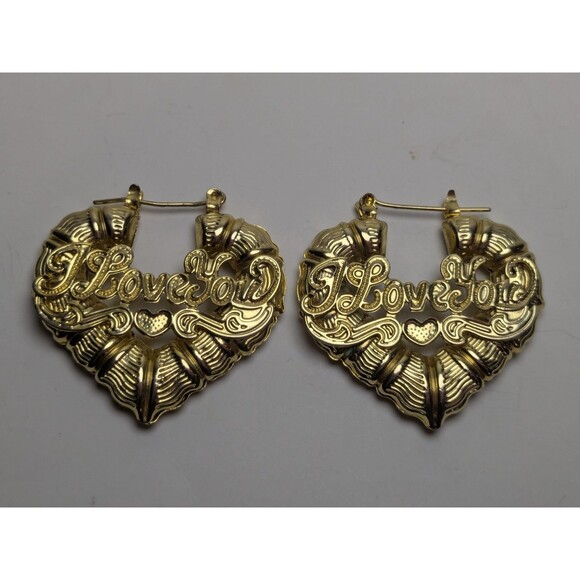 I Love You Bamboo Heart Hoop Earrings Gold Tone - Picture 1 of 2